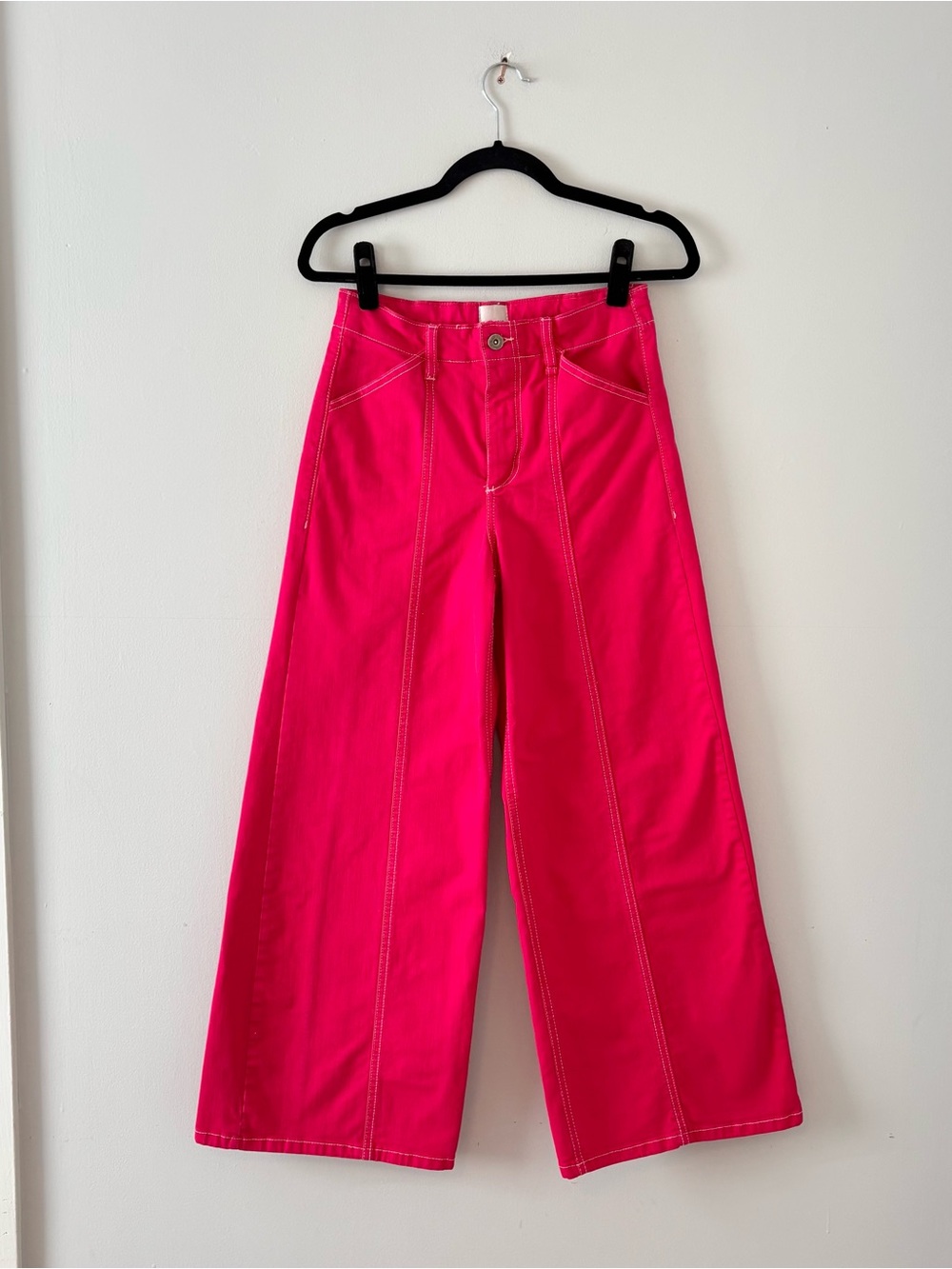 Maeve Seamed High-Rise Wide-Leg Jeans Hot Pink Stretch Denim Anthropologie